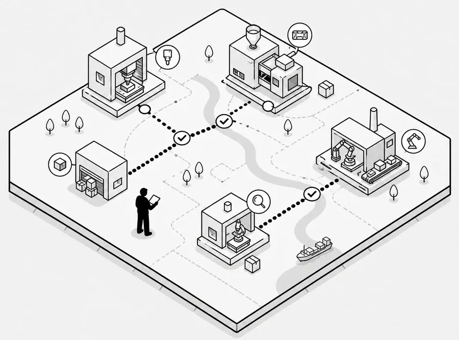 Production-route diagram showing connected manufacturing capabilities